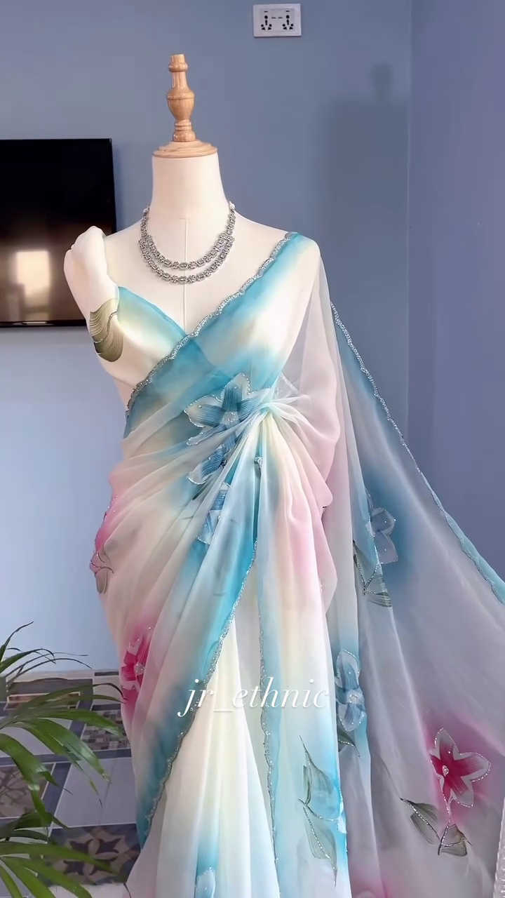 🌸 Pastel Dream Organza Saree with Floral Appliqué Work