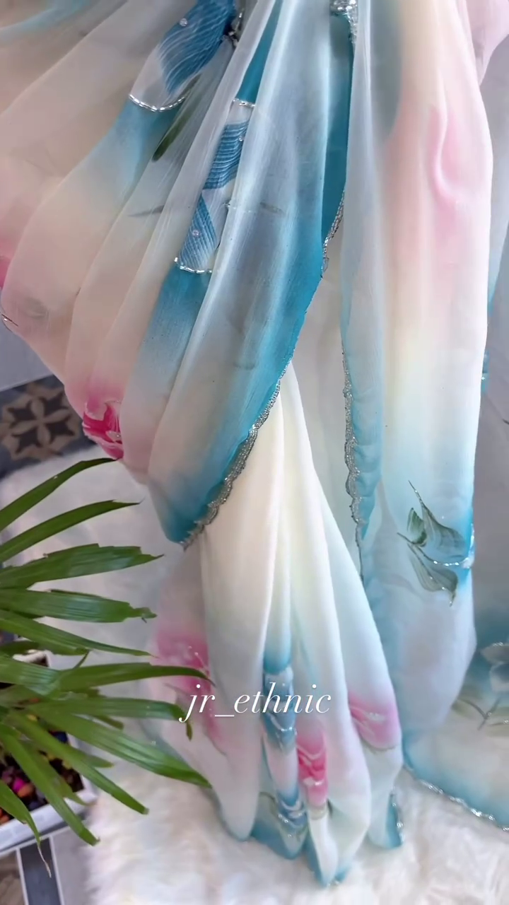 🌸 Pastel Dream Organza Saree with Floral Appliqué Work
