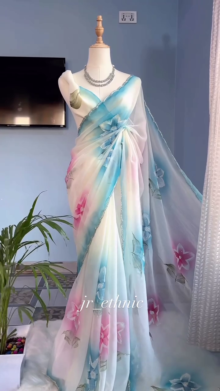 🌸 Pastel Dream Organza Saree with Floral Appliqué Work