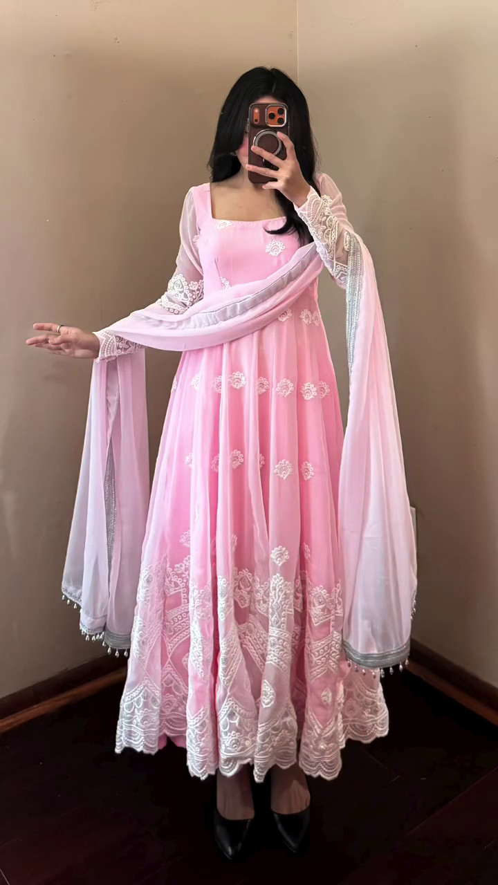 🌸 Blush Elegance Embroidered Pink Anarkali Suit Set 🌸