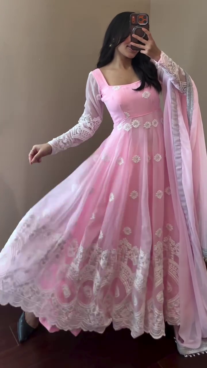 🌸 Blush Elegance Embroidered Pink Anarkali Suit Set 🌸