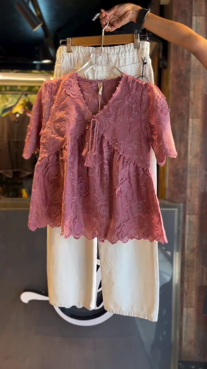 Rose Whisper Embroidered Top & Comfort Fit Pants Set – Effortless Feminine Elegance