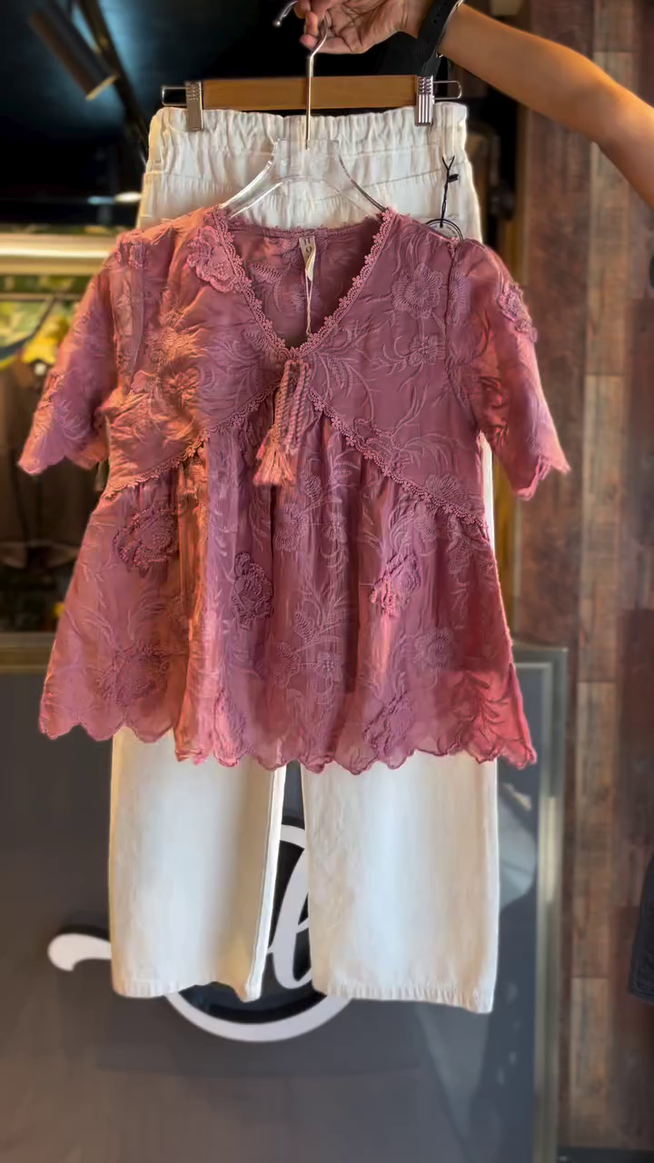 Rose Whisper Embroidered Top & Comfort Fit Pants Set – Effortless Feminine Elegance
