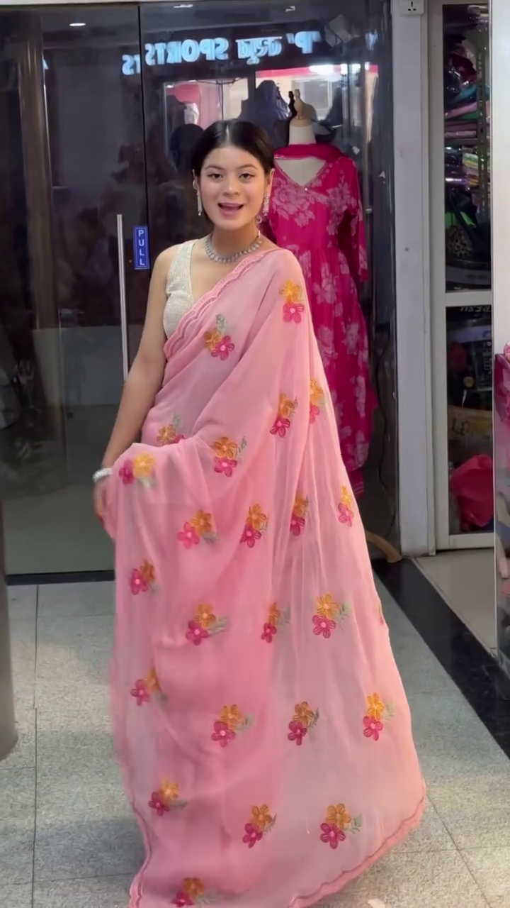 Blush Petal Dream Embroidered Saree – Soft Elegance with Floral Grace