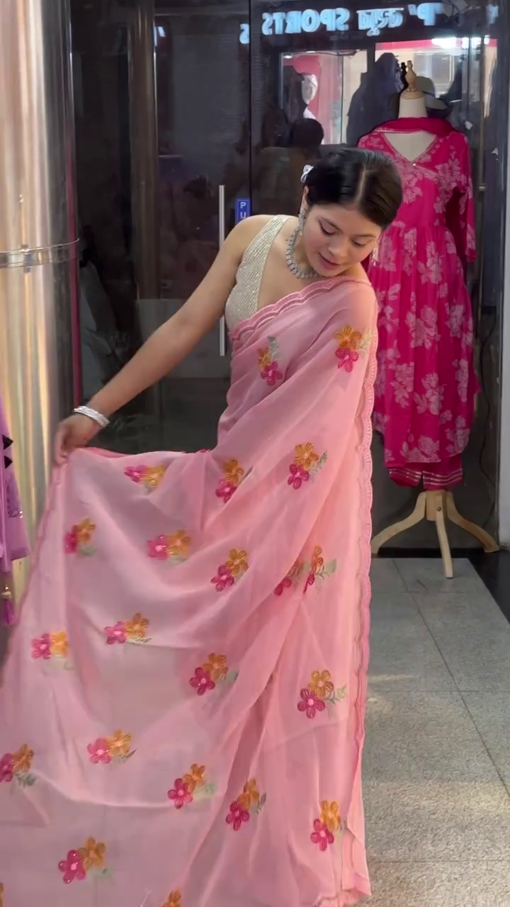 Blush Petal Dream Embroidered Saree – Soft Elegance with Floral Grace