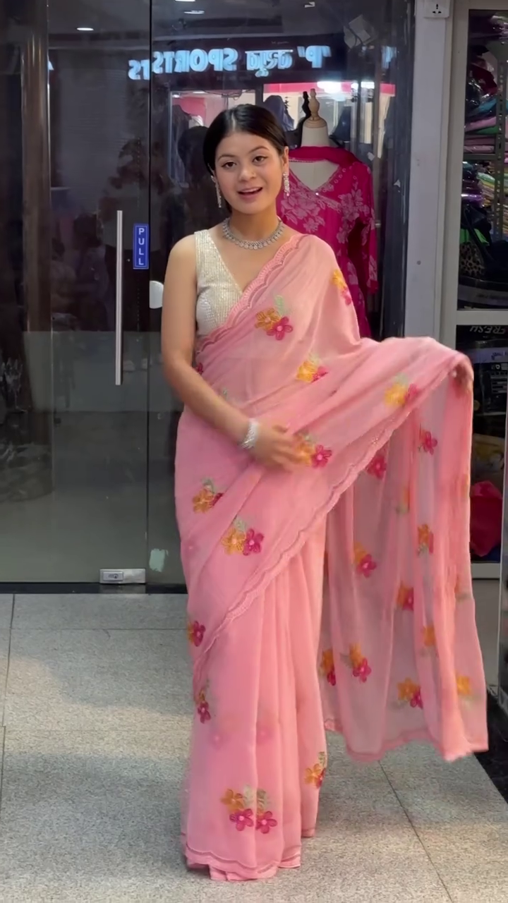 Blush Petal Dream Embroidered Saree – Soft Elegance with Floral Grace