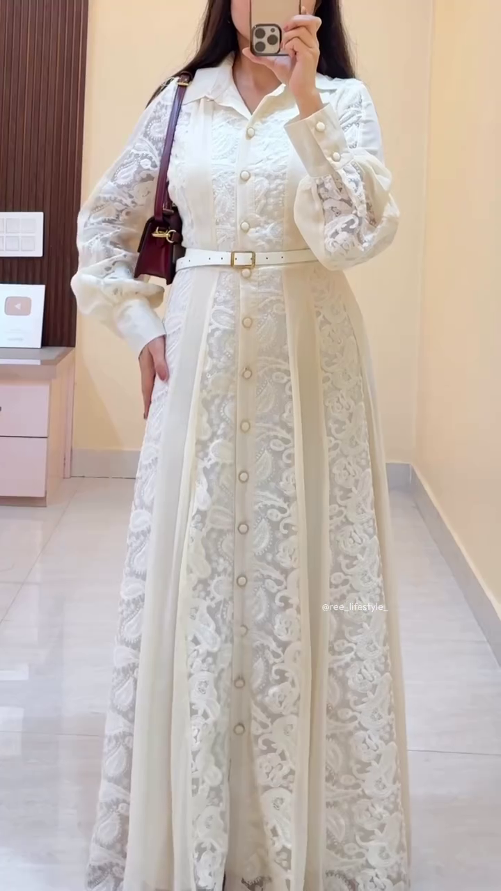 Elegant Ivory Button-Down Lace Dress with Belted Waist Detail