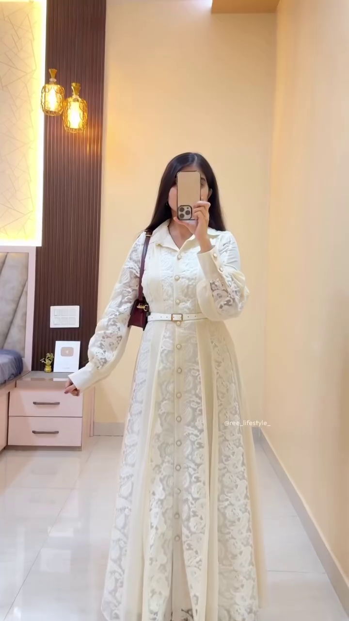 Elegant Ivory Button-Down Lace Dress with Belted Waist Detail