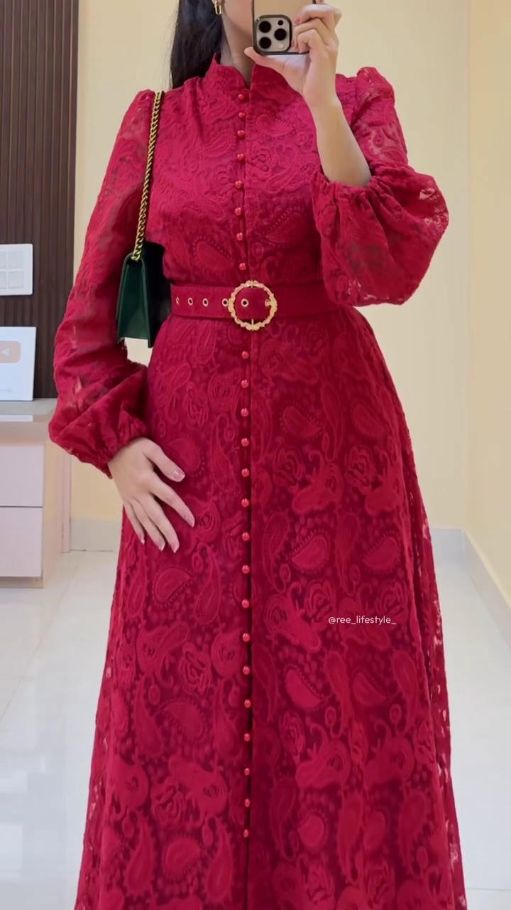 Elegant Ivory Button-Down Lace Dress with Belted Waist Detail