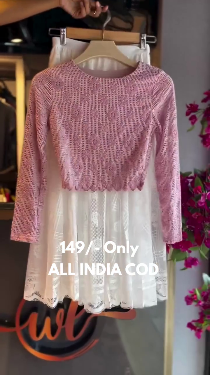 Charming Pink Lace Top with White Flared Skirt – Budget-Friendly Style