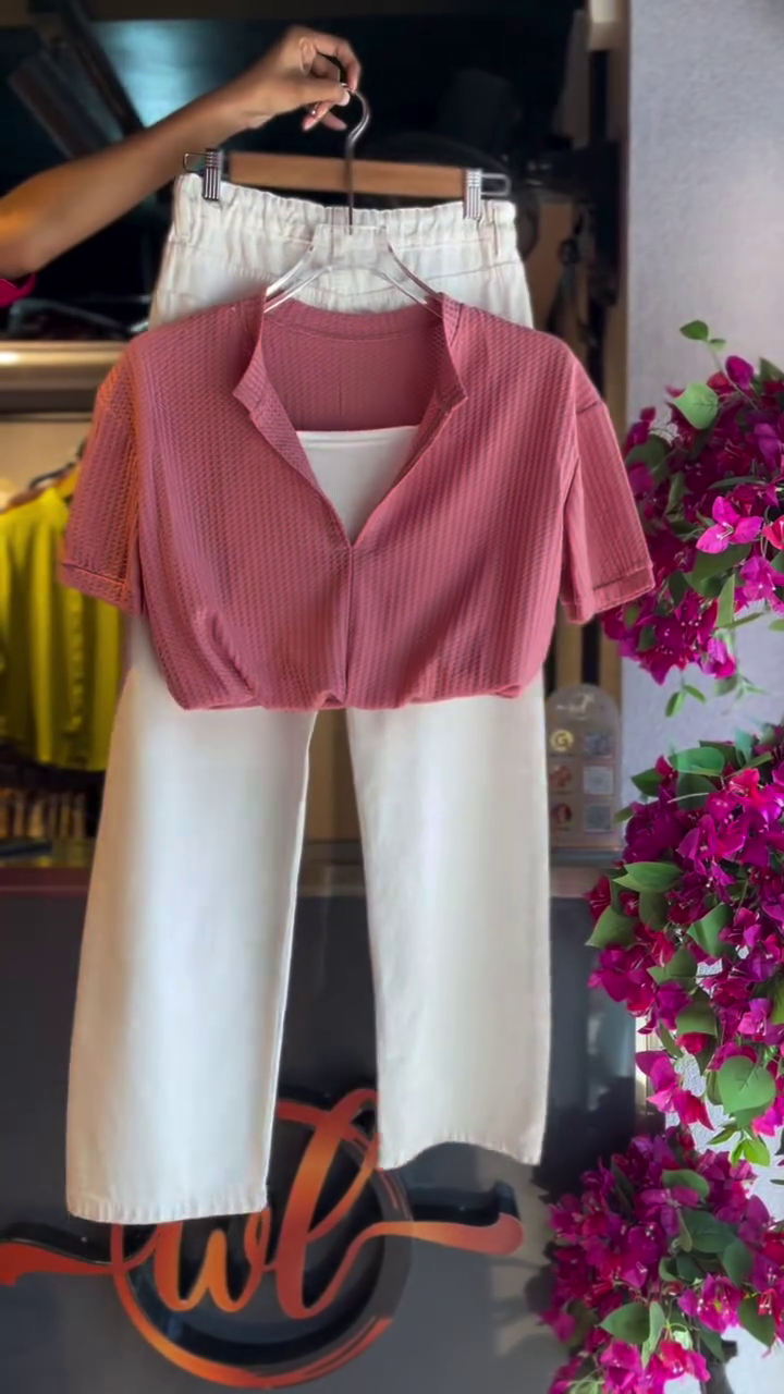 Modern Minimal Set with Pink Textured Top and White Wide-Leg Pants