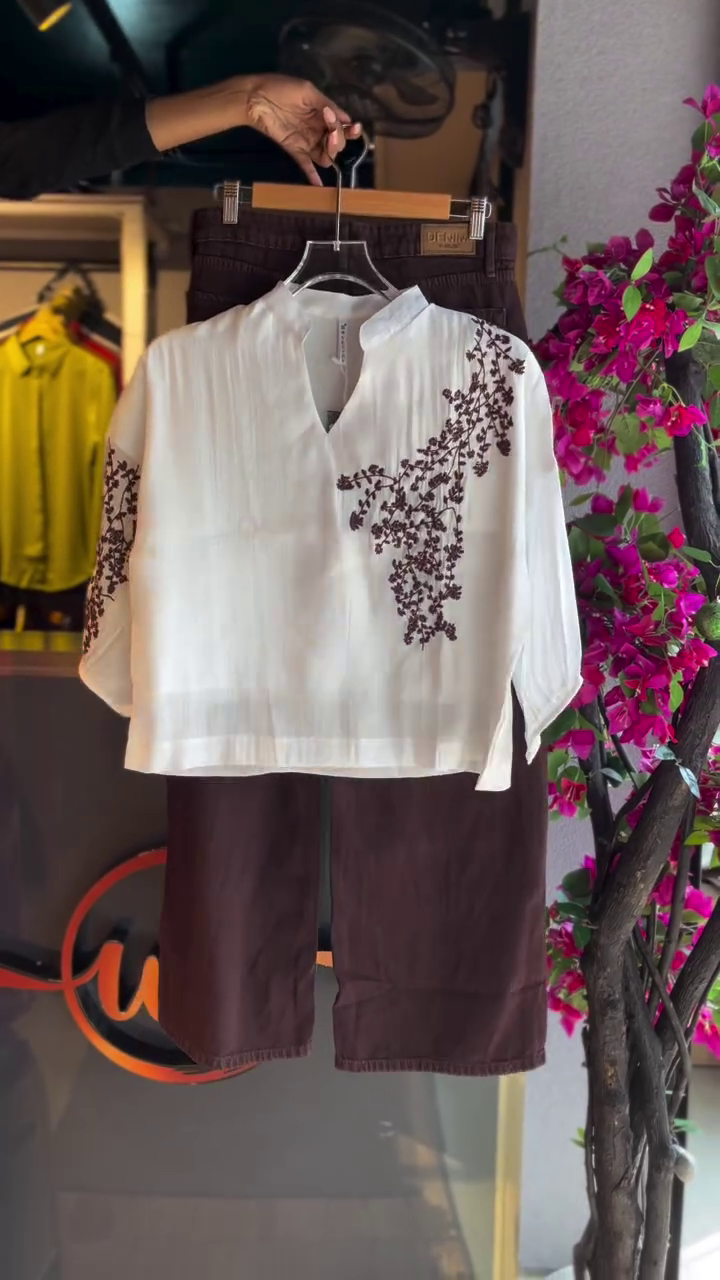 Elegant White Embroidered Top Paired with Chocolate Brown Bottoms