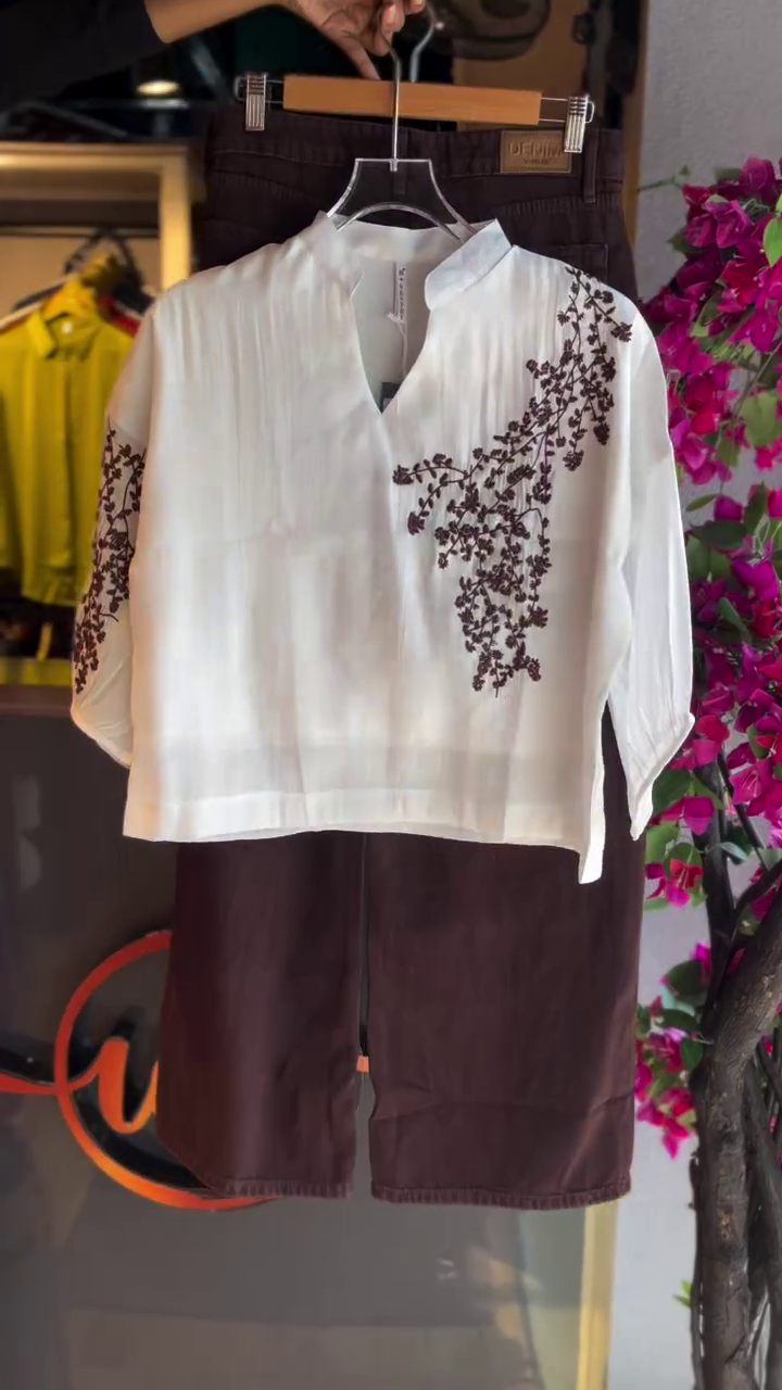Elegant White Embroidered Top Paired with Chocolate Brown Bottoms