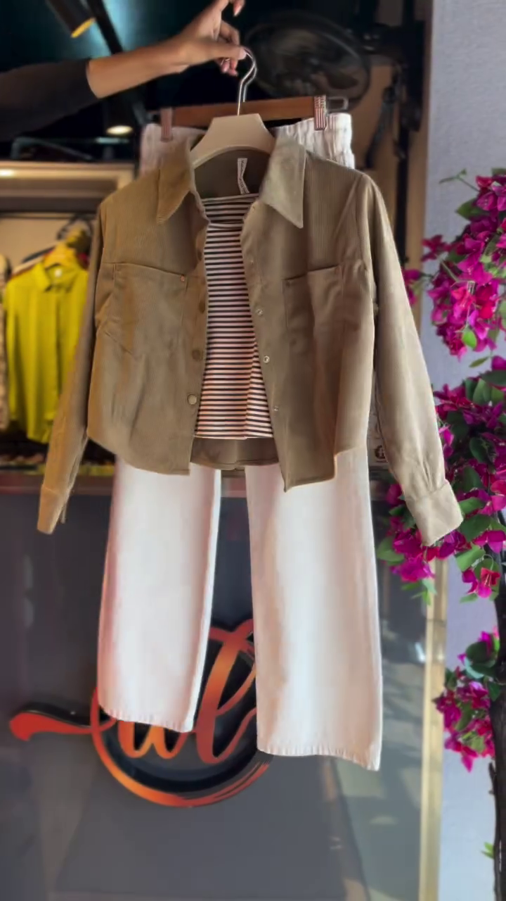 Layered Neutral Outfit with Olive Jacket and Striped Inner Top