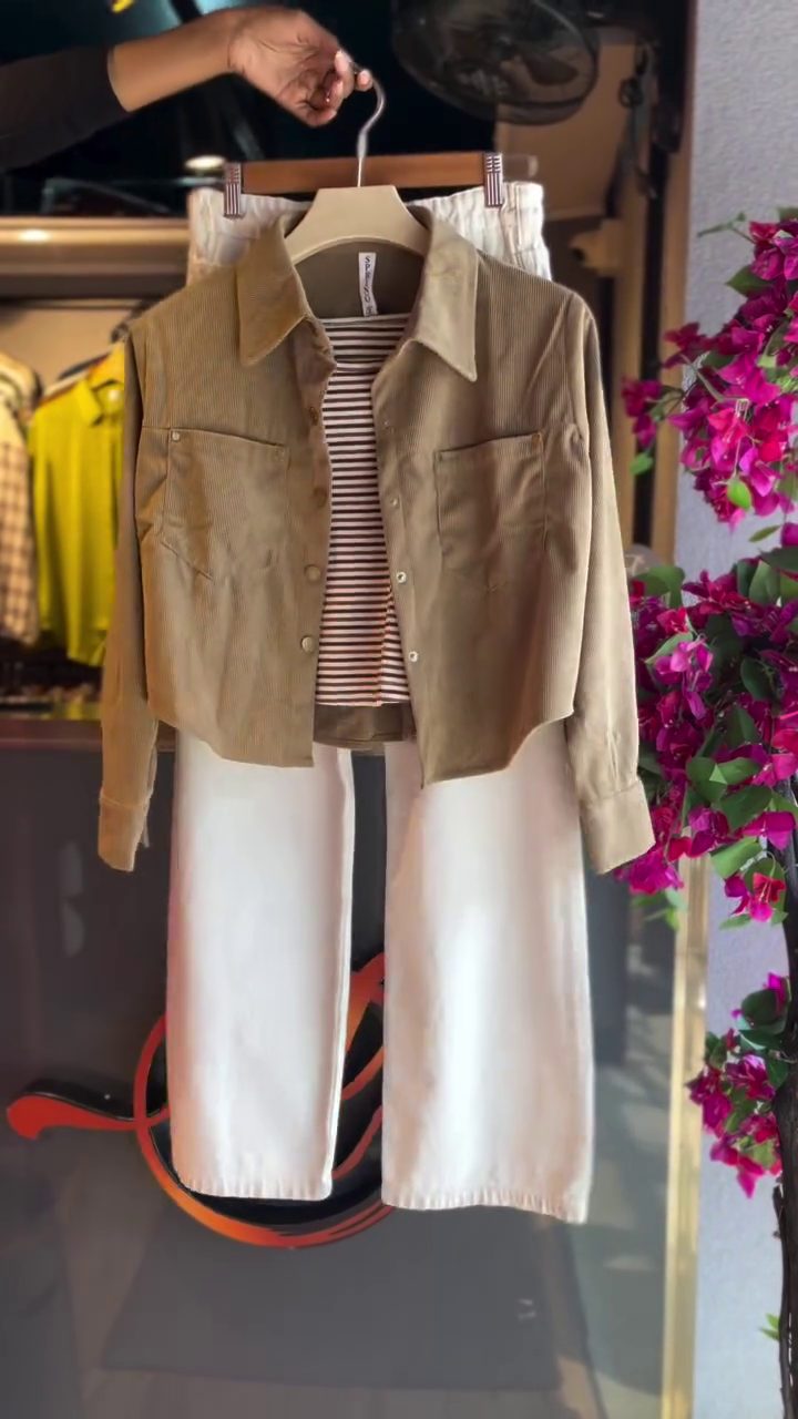 Layered Neutral Outfit with Olive Jacket and Striped Inner Top