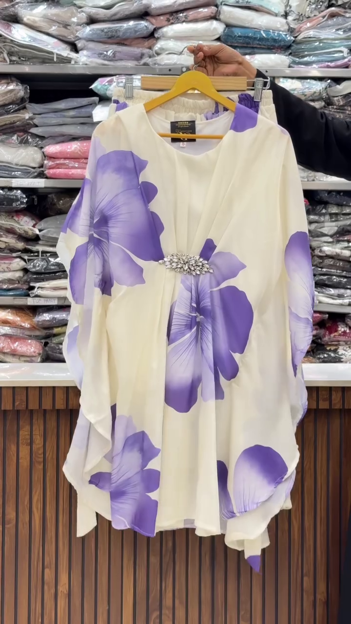 Cream & Purple Floral Kaftan Top