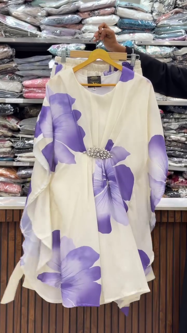 Cream & Purple Floral Kaftan Top