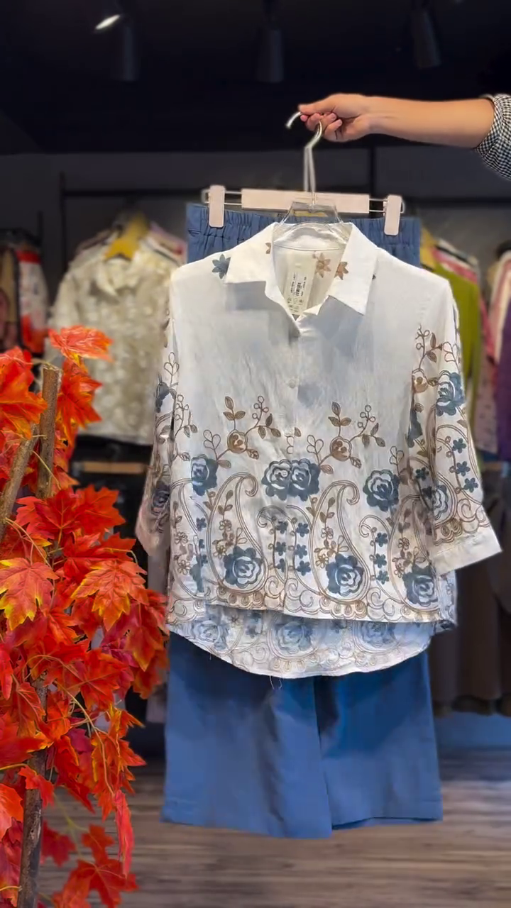 White Embroidered Shirt with Blue Bottom