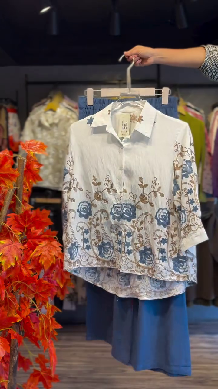 White Embroidered Shirt with Blue Bottom