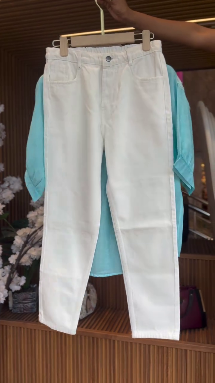 Turquoise Embellished Top with White Trousers