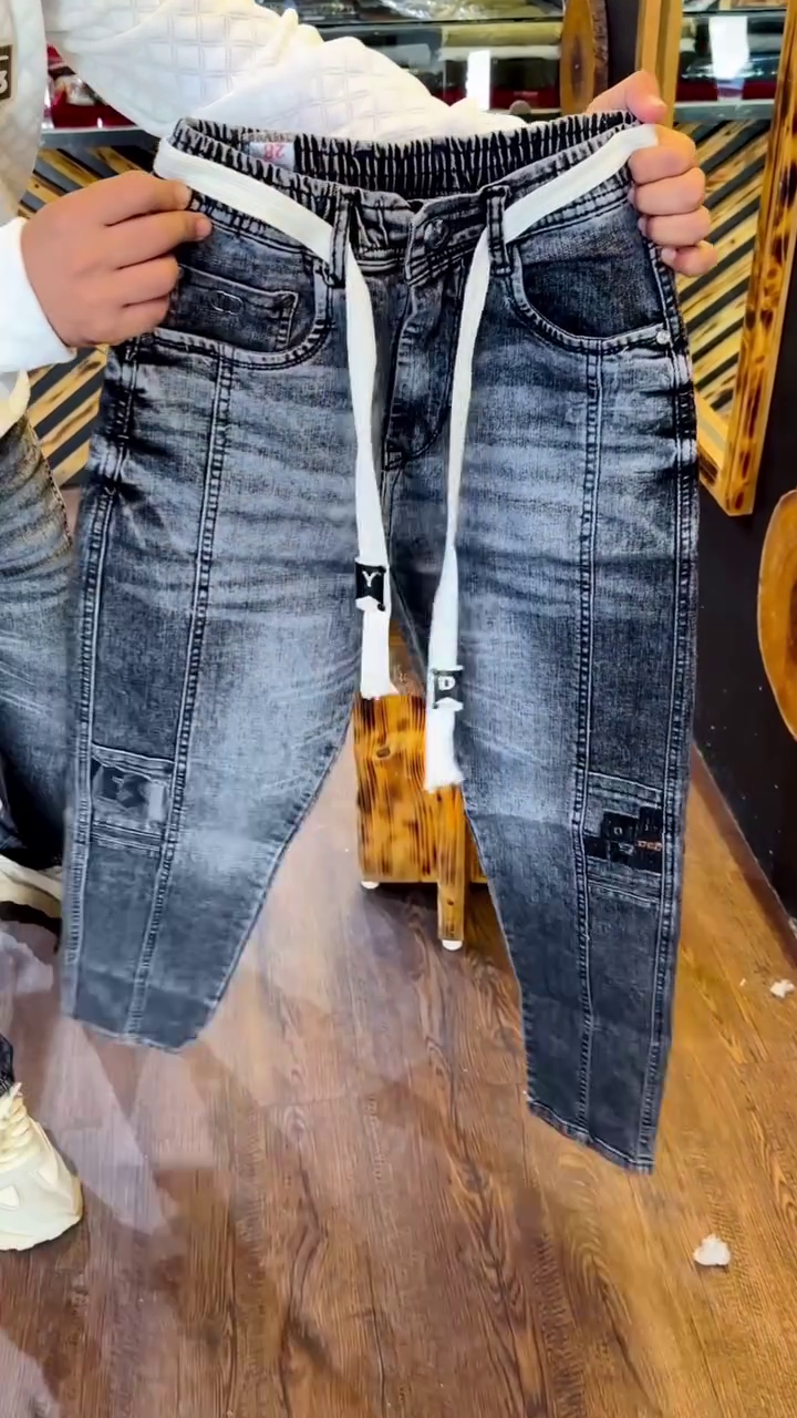 Grey Washed Elastic Waist Denim Jeans