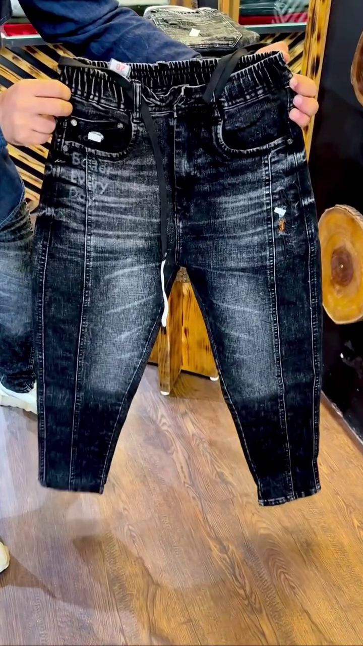 Dark Washed Elastic Waist Denim Jeans