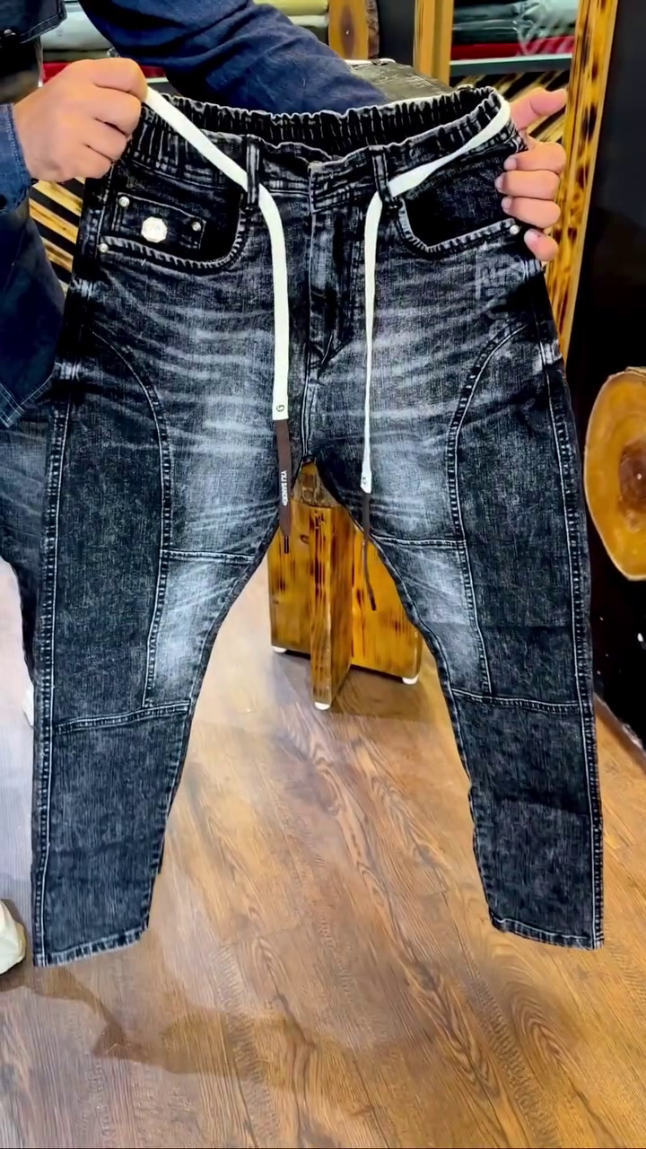 Dark Washed Elastic Waist Denim Jeans