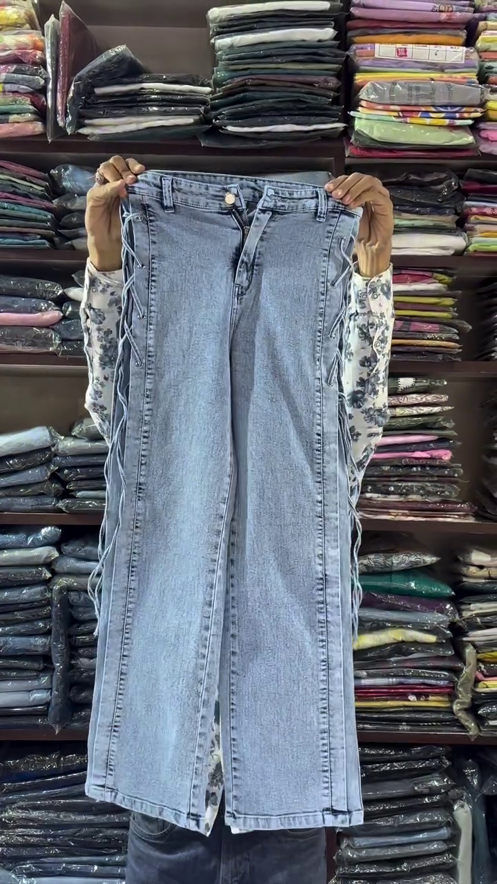 Blue Wide-Leg Denim with White Bow Prints