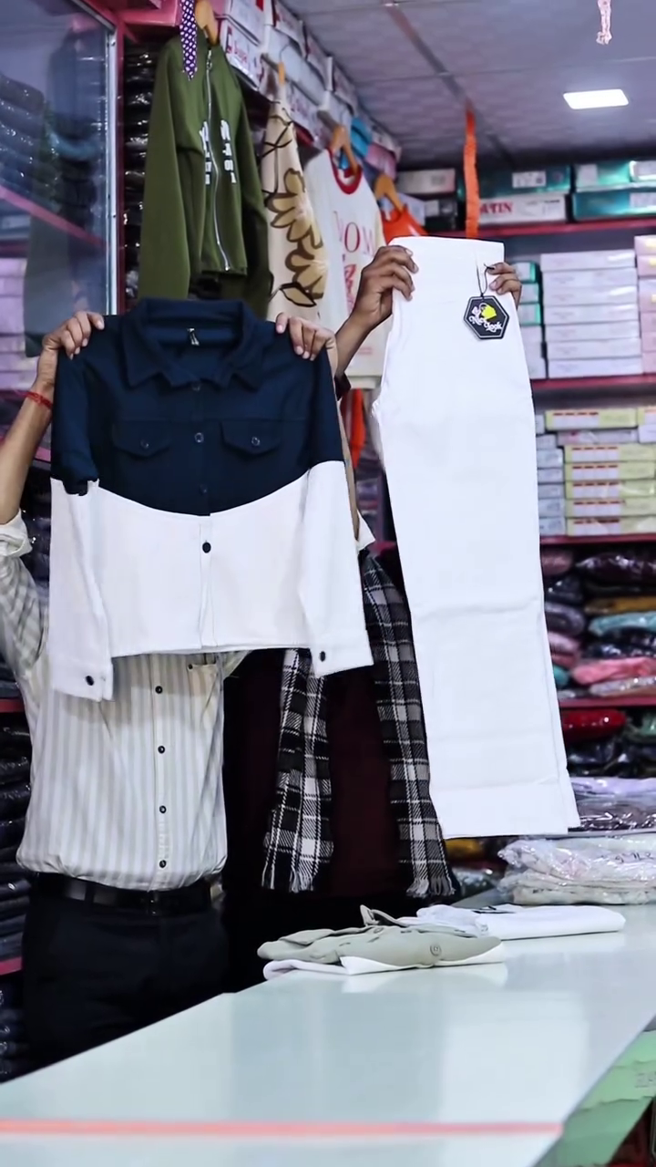 Color Block Cropped Shirt with White Straight Pants Set