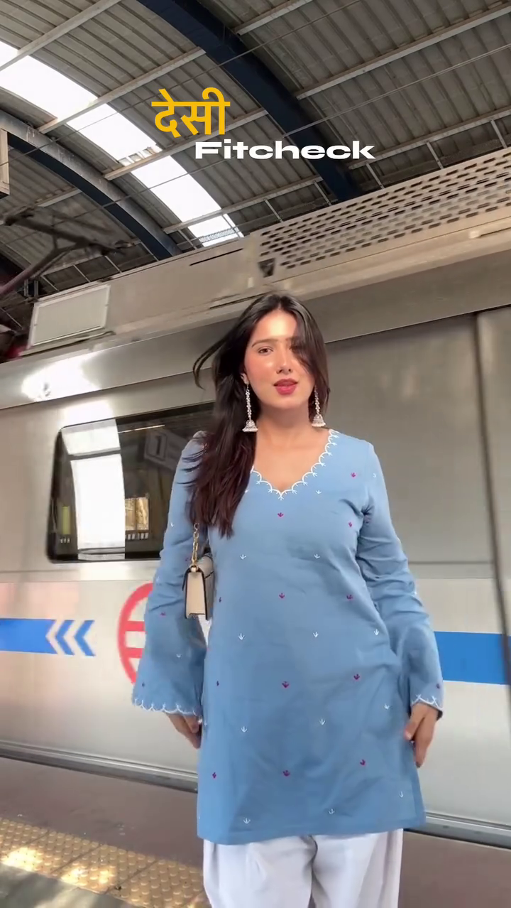 Sky Blue Embroidered Kurta with White Palazzo