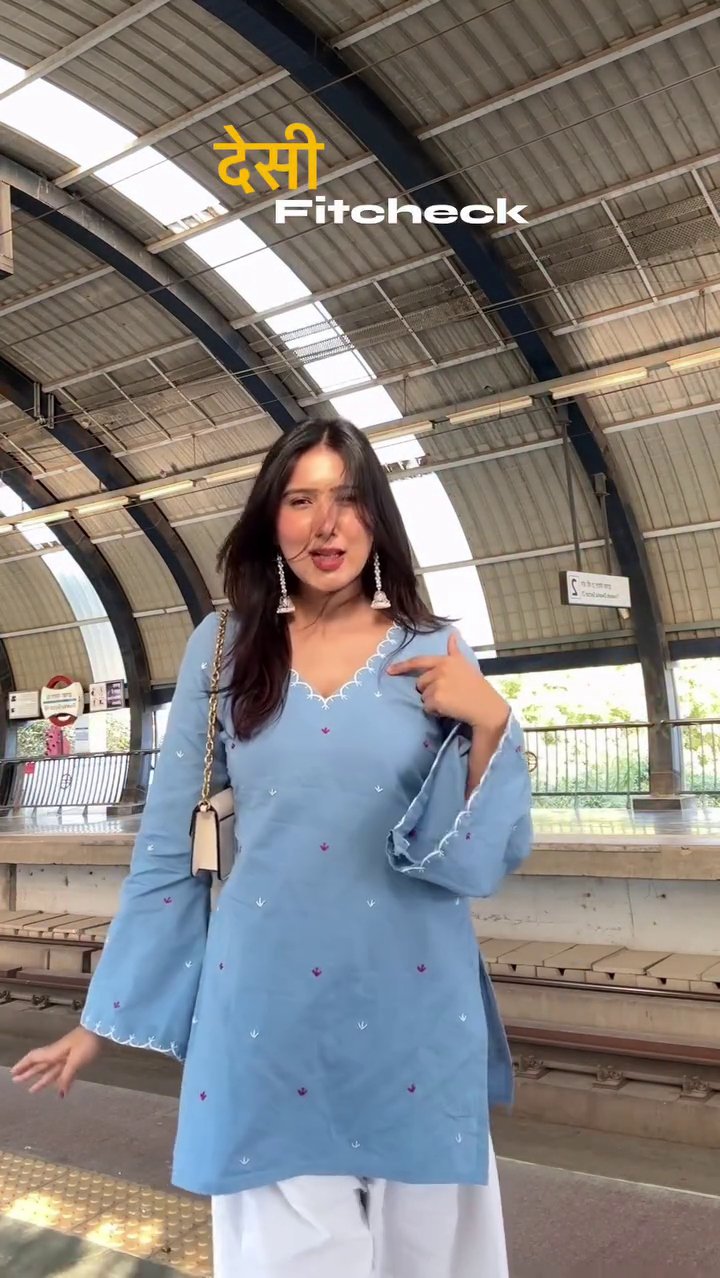 Sky Blue Embroidered Kurta with White Palazzo