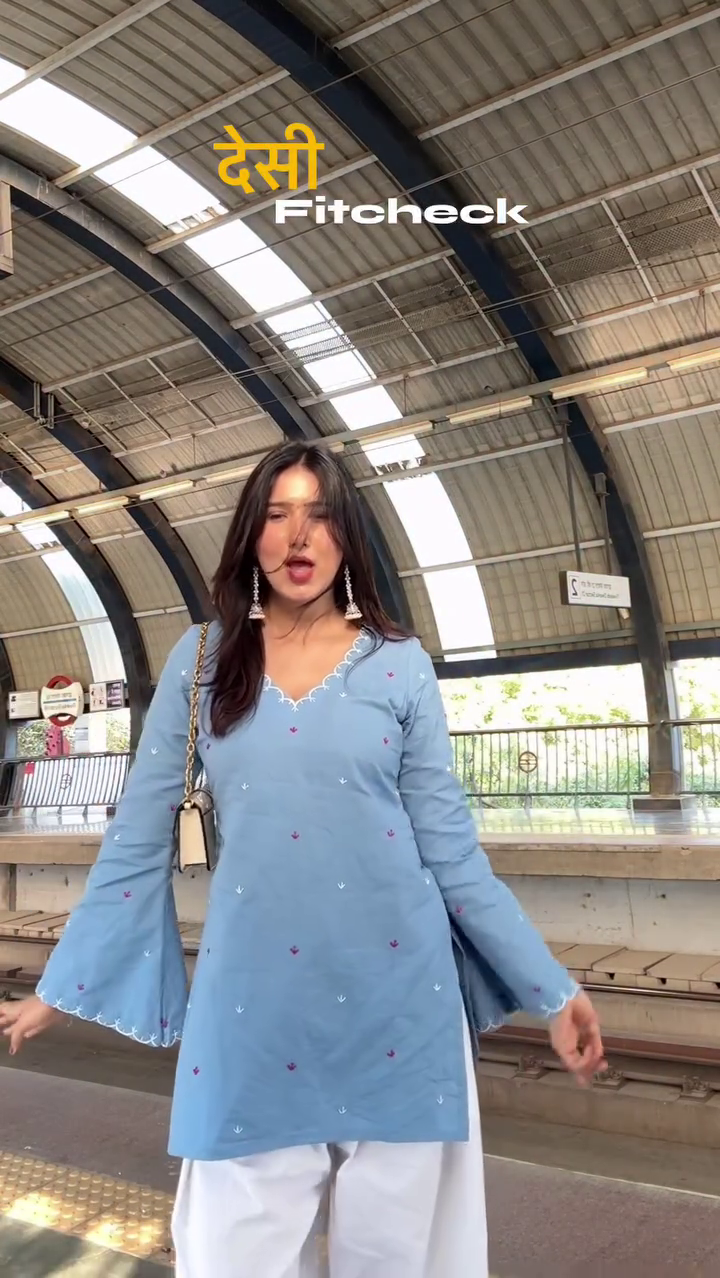 Sky Blue Embroidered Kurta with White Palazzo