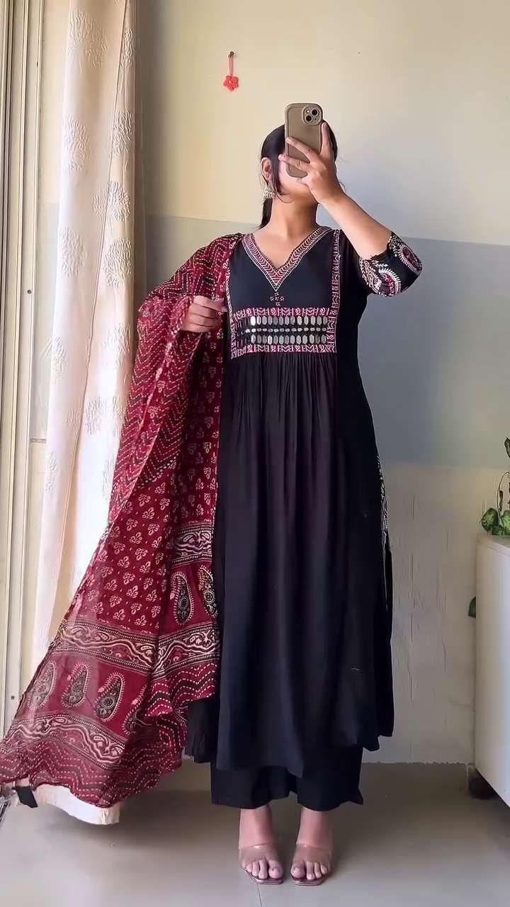 Maroon and Black Printed Kurta with Dupatta