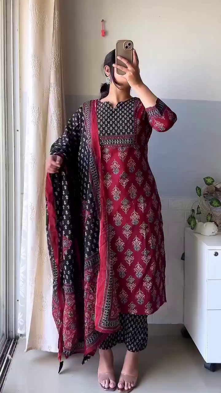 Maroon and Black Printed Kurta with Dupatta