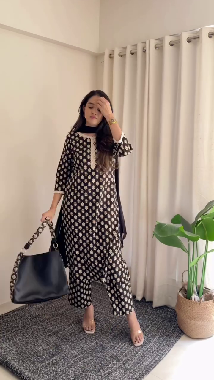 Classic Black Kurta with Printed Dupatta