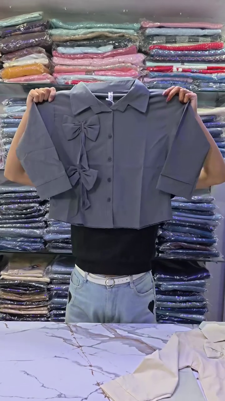 Grey Bow Detail Casual Shirt
