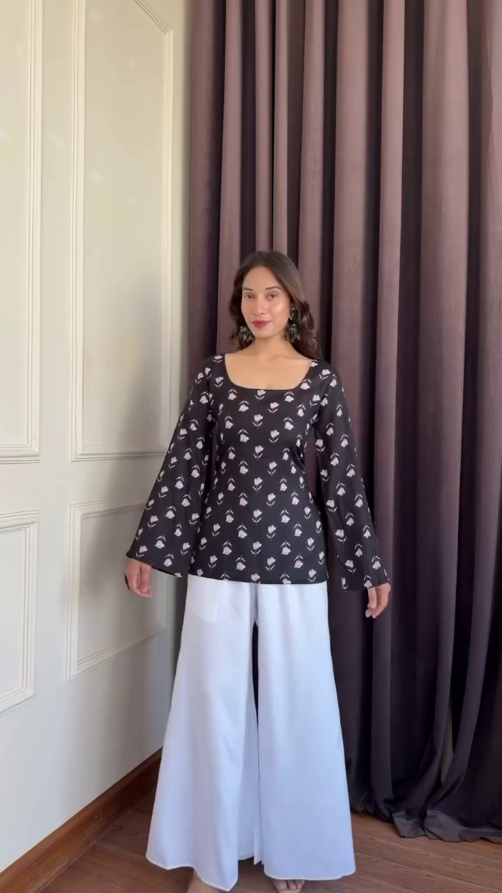 Black Printed Top with Bell Sleeves