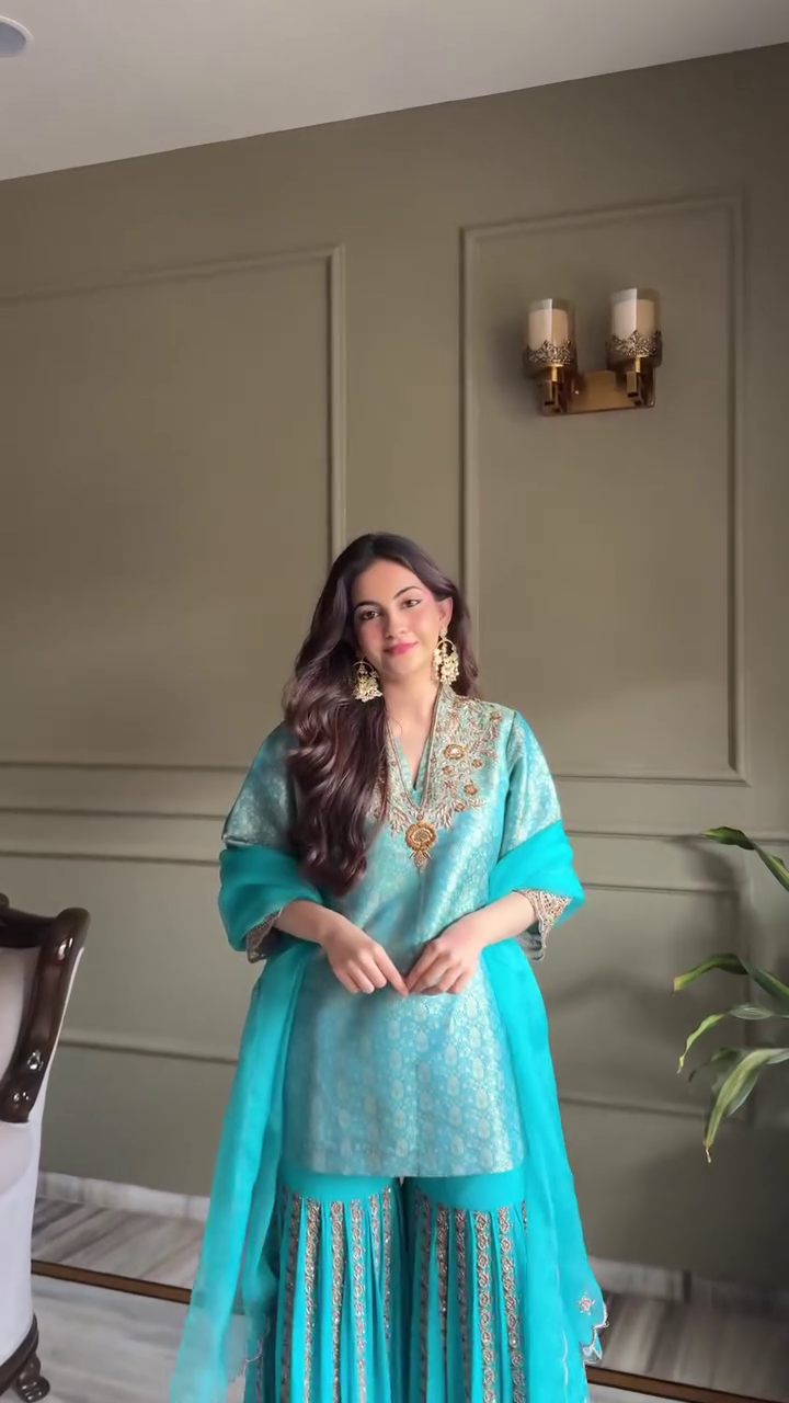 Aqua Blue Designer Sharara Suit