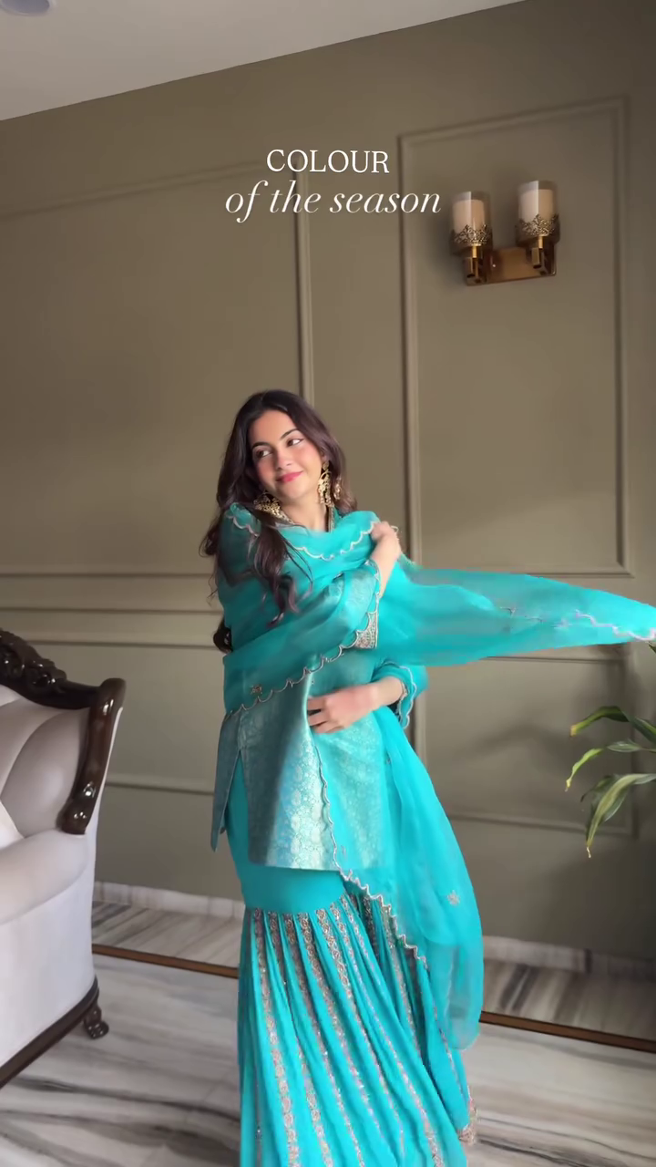 Aqua Blue Designer Sharara Suit