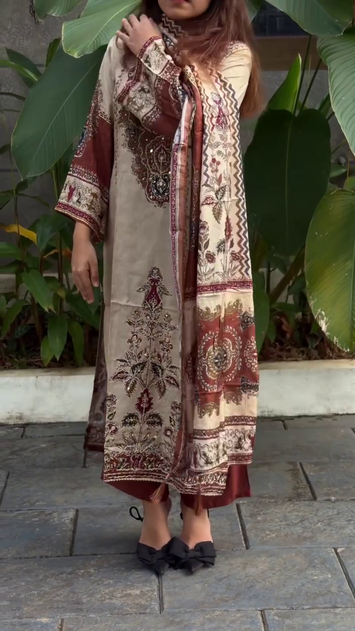 Beige & Maroon Printed Kurta Suit Set