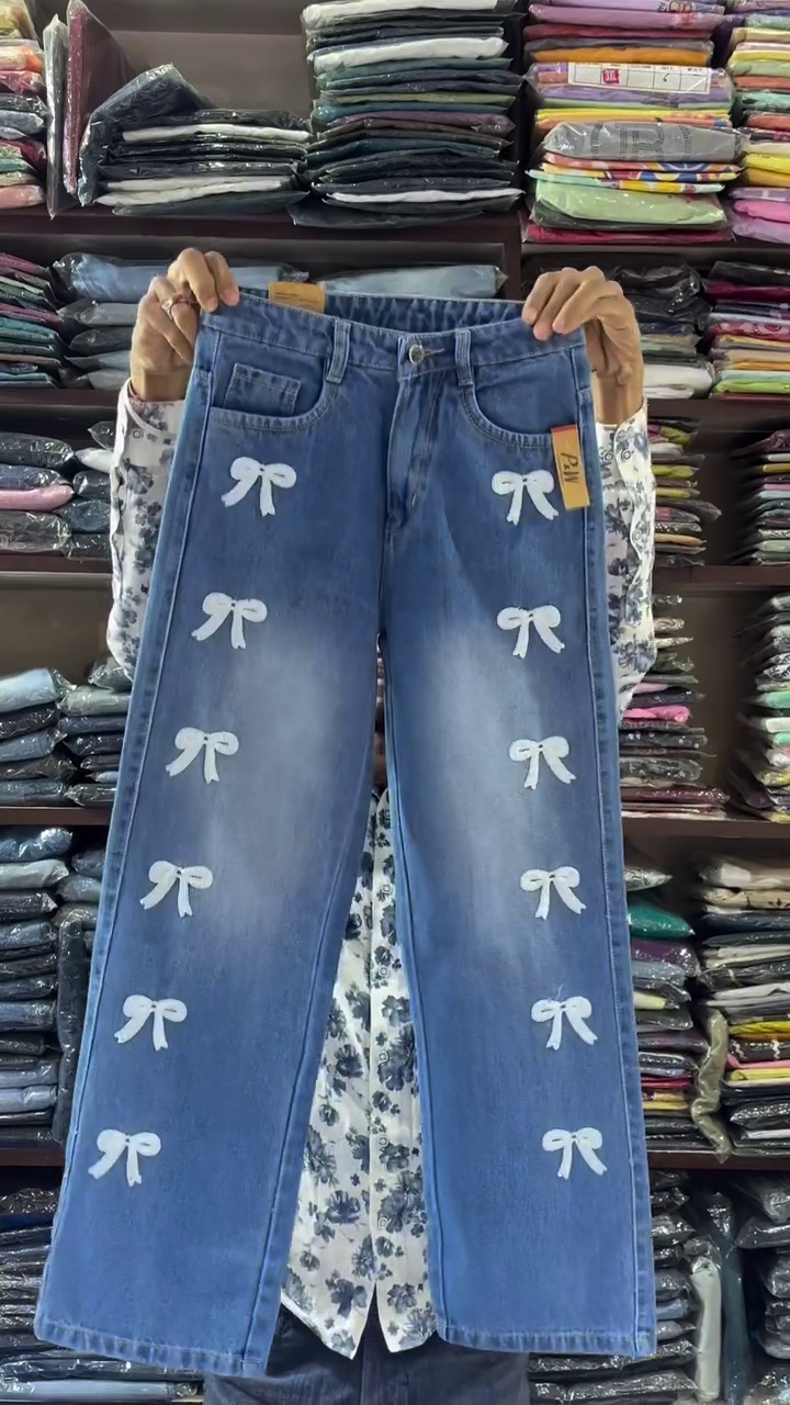 Grey Bow Embroidered Denim Jeans