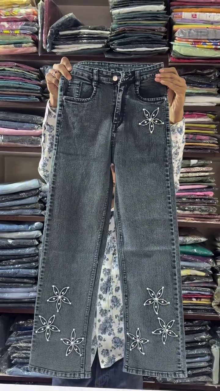 Grey Bow Embroidered Denim Jeans