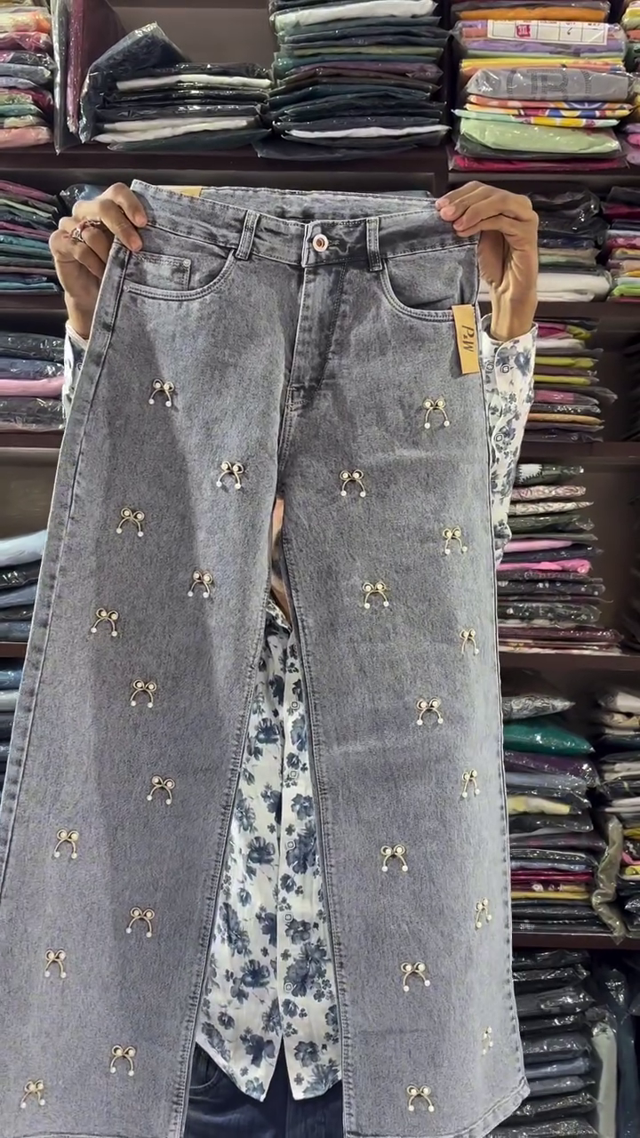 Grey Bow Embroidered Denim Jeans