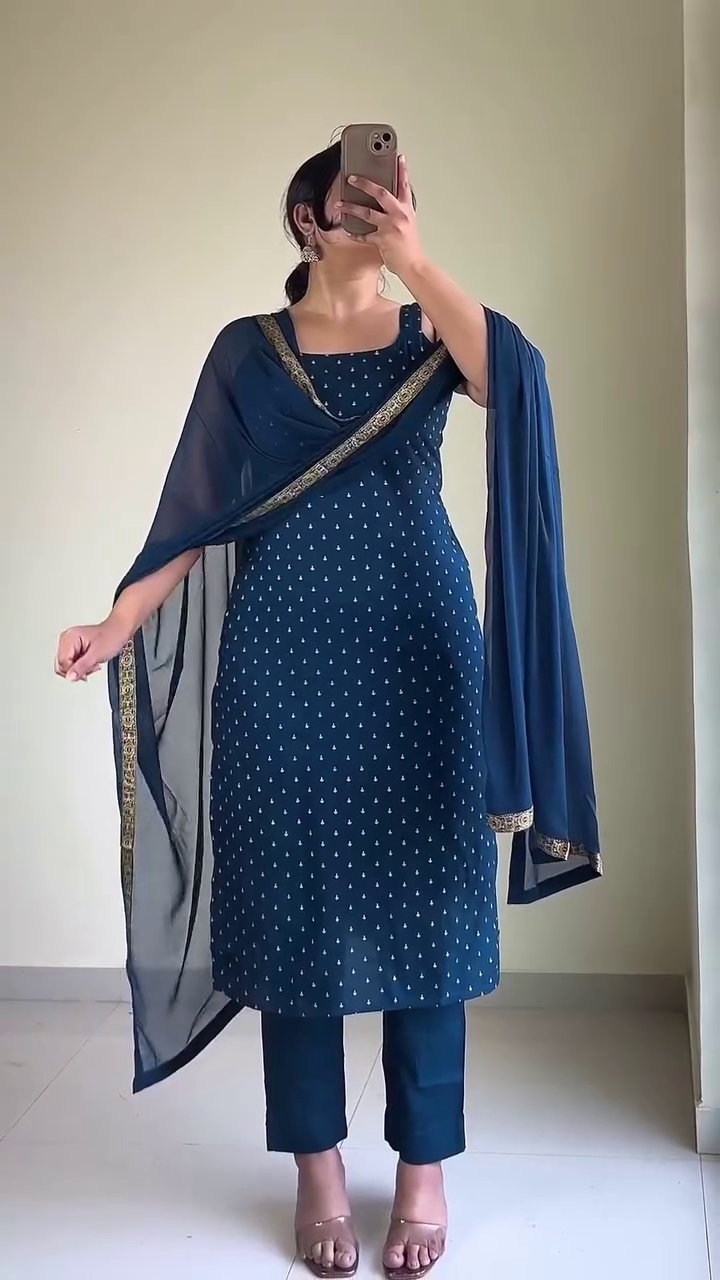 Royal Blue Printed Anarkali Suit with Dupatta