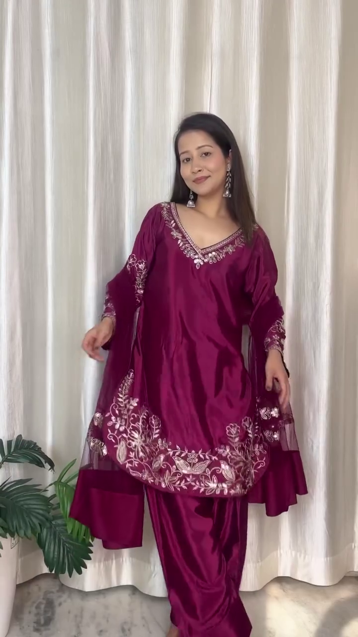 Wine Embroidered Kurta Set