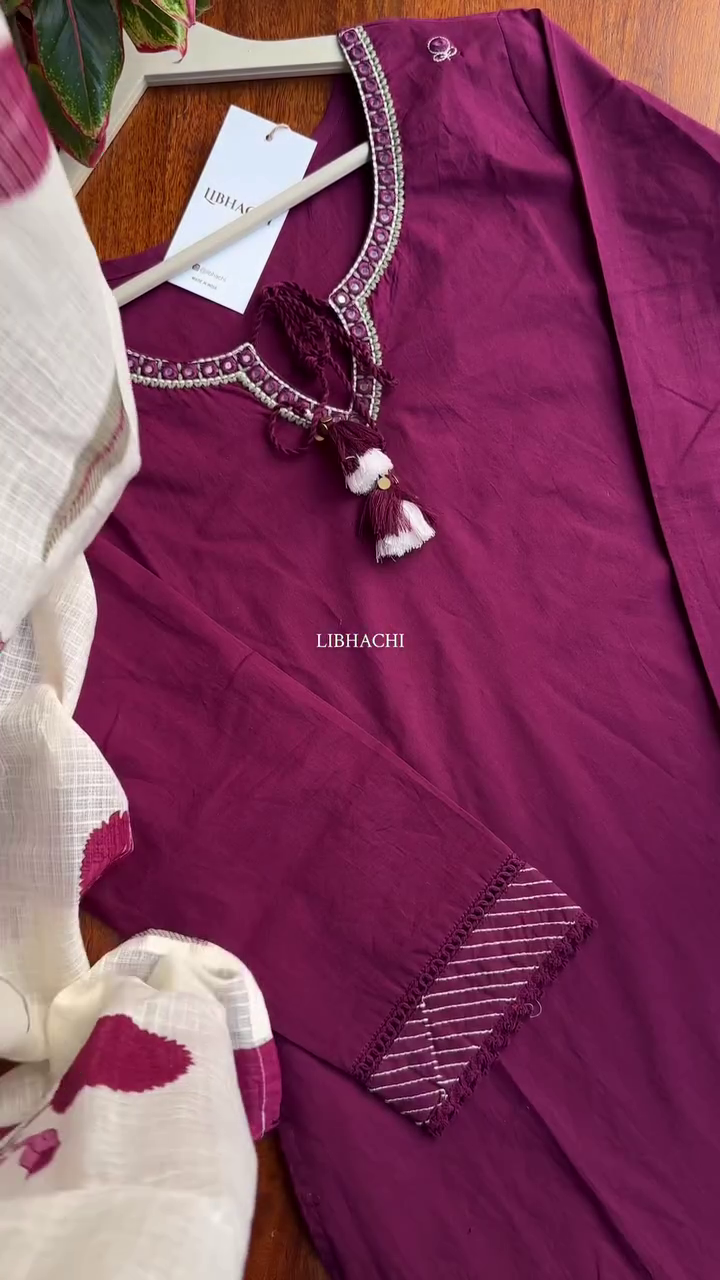 Wine Embroidered Kurta Set