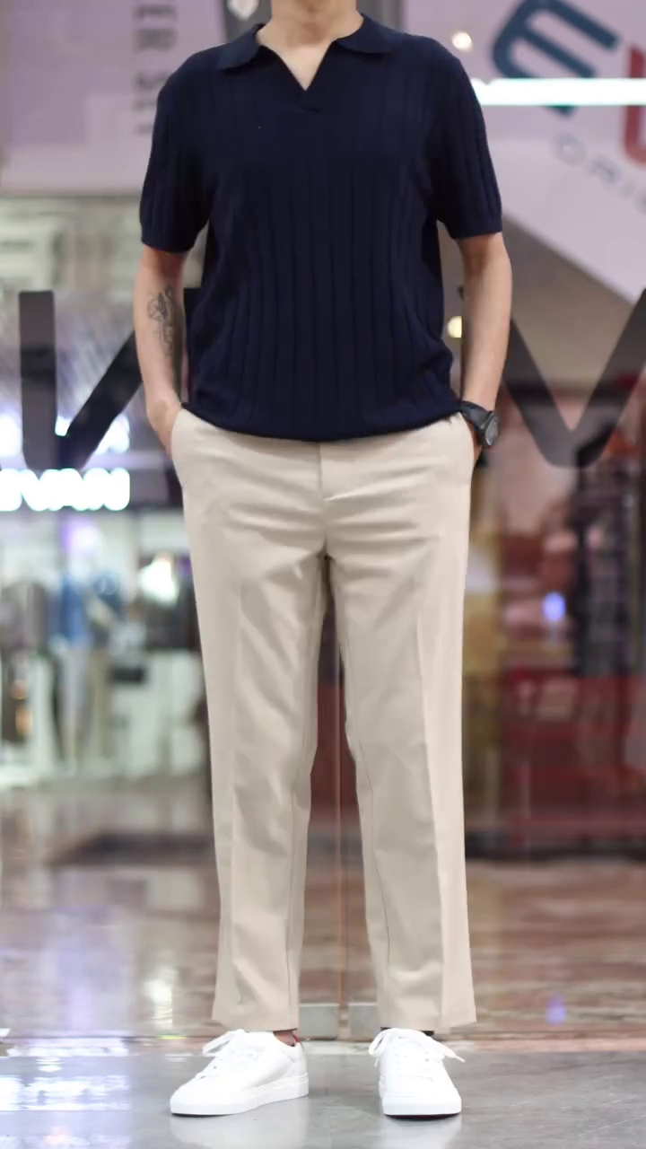 Navy Ribbed Polo T-Shirt