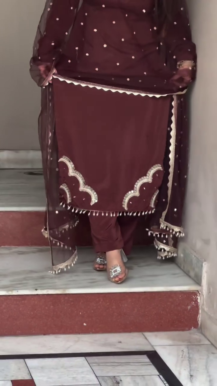 Mocha Elegance Embroidered Suit Set