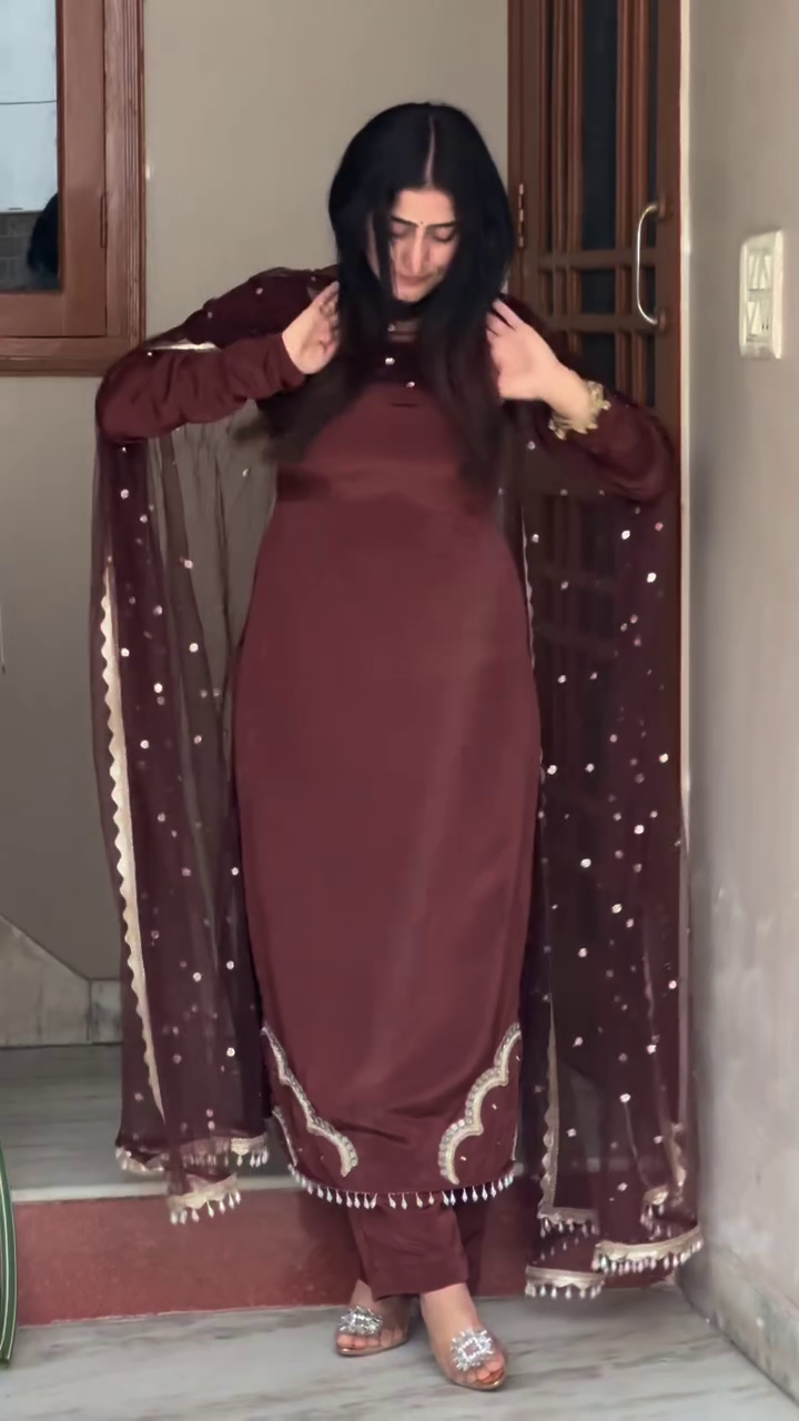 Mocha Elegance Embroidered Suit Set