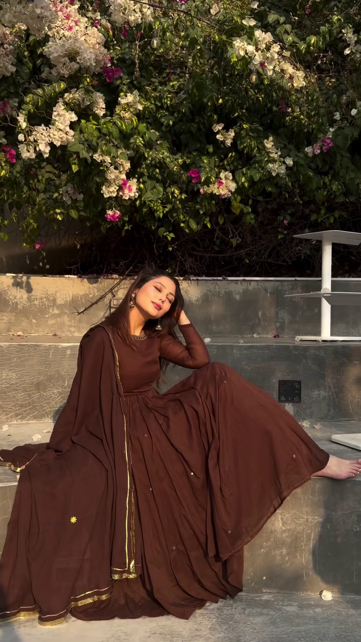 Midnight Cocoa Elegance Anarkali Kurti